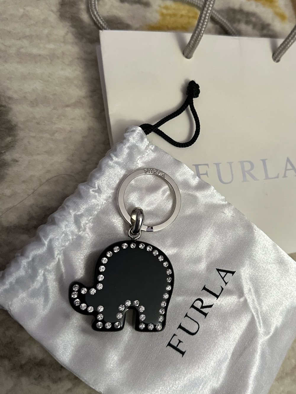 Furla Black Elephant Key Charm Keychain with Crystal Trim